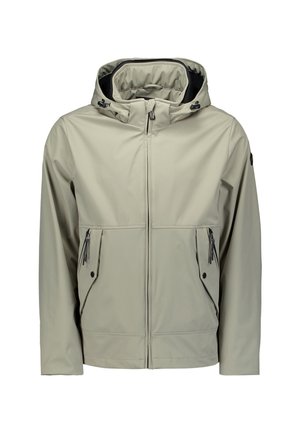 Lichtgrijze waterdichte jas met een capuchon, voorzien van een frontale rits, twee ritssaccs en een verstelbare kraag voor een veilige pasvorm.