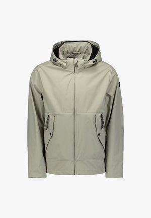 Lichtgrijze waterdichte jas met een capuchon, voorzien van een frontale rits, twee ritssaccs en een verstelbare kraag voor een veilige pasvorm.