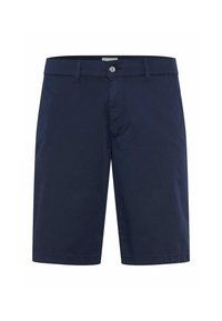 Marineblaue Baumwollshorts mit Knopfverschluss, Gürtelschlaufen und Seitentaschen. Glatte Textur mit klassischem Design und knielangem Schnitt.