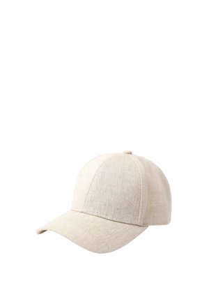 Beige kasket i linned med buet skygge og paneldesign med syninger, vist mod en hvid baggrund.