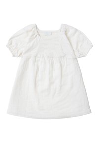 Weißes, kurzärmeliges Kleid aus leichtem, strukturiertem Stoff. Mit gerafftem Oberteil und weit ausgestelltem Rock. Einfaches, minimalistisches Design.