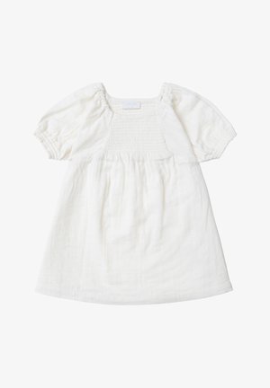 Weißes, kurzärmeliges Kleid aus leichtem, strukturiertem Stoff. Mit gerafftem Oberteil und weit ausgestelltem Rock. Einfaches, minimalistisches Design.
