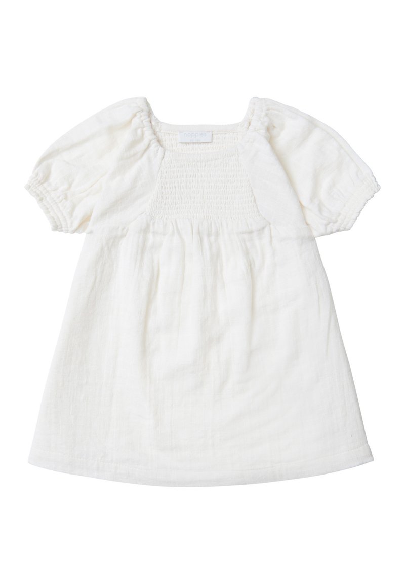 Weißes, kurzärmeliges Kleid aus leichtem, strukturiertem Stoff. Mit gerafftem Oberteil und weit ausgestelltem Rock. Einfaches, minimalistisches Design.