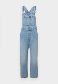 Light blue denim overalls with adjustable straps, a front pocket, and two side pockets; loose-fitting legs and a faded texture.