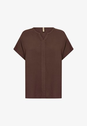 Smeđa majica kratkih rukava s V-izrezom i ravnim krojem. Glatka tkanina s suptilnim sjajem i središnjim šavnim detaljem.