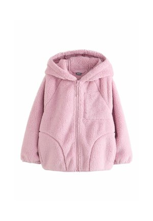 Soft pink fleece jacket with hood, full front zipper, elastic cuffs, and two front pockets on a white background.