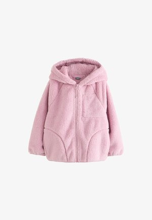 Weiche rosa Fleecejacke mit Kapuze, durchgehendem Frontreißverschluss, elastischen Bündchen und zwei Fronttaschen vor weißem Hintergrund.