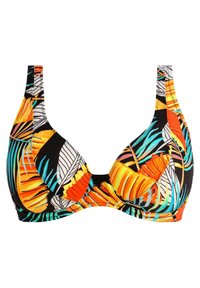Bikini-top met beugels featuring een tropisch bladerenpatroon in oranje, turquoise en zwart. Verstelbare bandjes en een gladde stoftextuur.