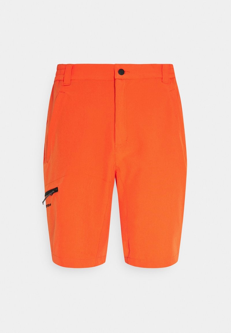 Shorts orange en tissu léger, dotés d'une poche latérale zippée et d'une fermeture à bouton. Texture lisse et design jusqu'aux genoux.