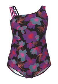 Yhdisteellinen uimapuku yhdellä olalla, jossa on kukkakuosi purppurassa, tealissa ja vaaleanpunaisessa mustalla taustalla. Uimapuvussa on moniväriset olkaimet ja tiukka malli.