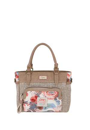 Bolso de tela beige con detalles florales, cuerpo texturizado, asas dobles y un bolsillo frontal con cremallera con el gráfico "Vive Ríe Ama".