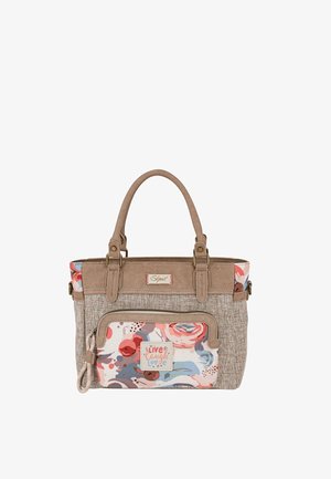 Bolso de tela beige con detalles florales, cuerpo texturizado, asas dobles y un bolsillo frontal con cremallera con el gráfico "Vive Ríe Ama".