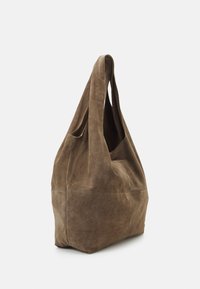 Large brown suede tote bag with soft texture, wide open top, and two long handles for carrying. Features a minimalist design and seamless finish.