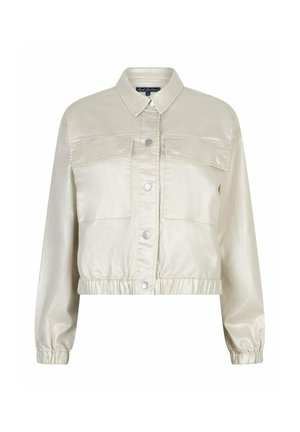 Roomkleurig cropped jack met drukknoopsluiting aan de voorkant, twee borstzakken, elastische zoom en manchetten, en een klassieke kraag.