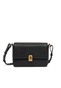 Borsa a tracolla nera con texture, chiusura a patta magnetica, dettagli in oro e tracolla regolabile. Finitura liscia con un design elegante.