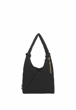 Sac d'épaule noir matelassé avec une sangle nouée, une couture diagonale à l'avant et un cordon de fermeture éclair beige sur fond blanc.