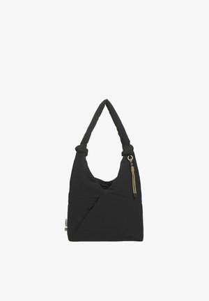 Sac d'épaule noir matelassé avec une sangle nouée, une couture diagonale à l'avant et un cordon de fermeture éclair beige sur fond blanc.
