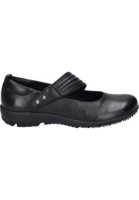 Chaussure Mary Jane en cuir noir avec bride Velcro et semelle en caoutchouc texturée pour une bonne adhérence, présentée de profil sur fond blanc.