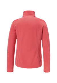Korallfleece-Jacke mit hohem Kragen, langen Ärmeln und Flachnahtnähte, die eine glatte Textur und ein Logo-Detail am Seitensaum aufweist.