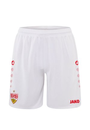 Weiße Sportshorts mit rotem JAKO-Logo am rechten Bein und einem rot-gelben Teamwappen mit einem Stern am linken Bein.