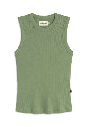 Zeleni prsluk od rebrastog pletiva bez rukava s okruglim izrezom i malom oznakom marke na unutarnjem ovratniku i bočnom šavu.