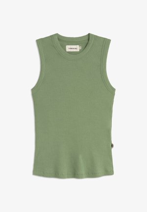 Groen geribd mouwloos gebreid tanktop met een ronde hals en een klein merkje aan de binnenkant van de kraag en de zijnaden.
