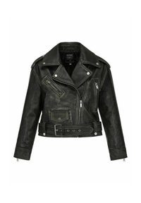 Czarna skórzana kurtka do talii z paskiem w talii, dużymi klapami i wieloma zapinanymi na zamek kieszeniami. Gładka faktura i srebrne akcenty z metalu.
