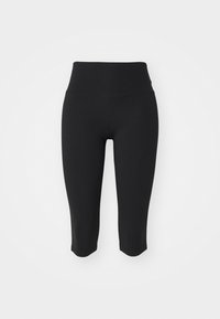 Czarne legginsy capri z wysokim pasem. Wykonane z elastycznego, gładkiego materiału. Charakteryzują się dopasowanym krojem, bez widocznych wzorów czy ozdób.