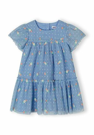Niebieska sukienka dla malucha z białymi groszkami i małymi kolorowymi wzorami kwiatowymi, krótkimi bufkami i falbaną na dole.