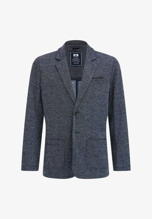 Blazer azul marino texturizado de un solo botón con solapas con muesca y bolsillos parche, diseñado para una talla juvenil estándar 146/152.