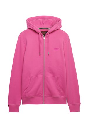 Jasnoróżowa bluza z kapturem na suwak, z przednimi kieszeniami, kapturem ze ściągaczem i małym haftowanym logo na lewej piersi.