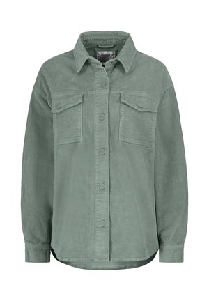 Grünes Cordhemd mit durchgehendem Knopfverschluss, zwei Brusttaschen und einem Kragen. Aus strukturiertem Stoff gefertigt und mit lässigem Schnitt.