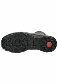 Suela de bota de goma negra con patrones profundos para tracción, que presenta un destacado acento circular rojo y una superficie texturizada para mayor durabilidad.