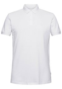Vit polo-shirt i mjuk bomull, med en klassisk krage, treknapplås och subtilt texturerad mönster på tyget.
