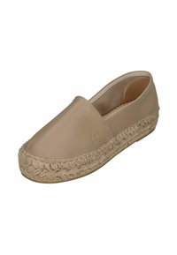 Beige leather espadrille with a rounded toe, woven jute sole, and a subtle logo detail on the upper. Smooth texture with a natural finish.
