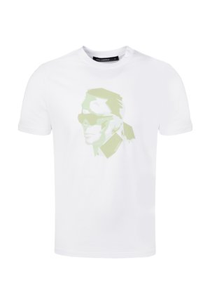 Biała koszulka z krótkim rękawem z minimalistyczną zieloną grafiką przedstawiającą twarz mężczyzny w okularach przeciwsłonecznych i z kucykiem z przodu.