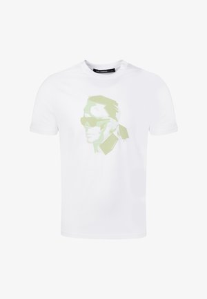 White short-sleeve t-shirt with a minimalist green graphic of a man's face wearing sunglasses and a ponytail on the front.