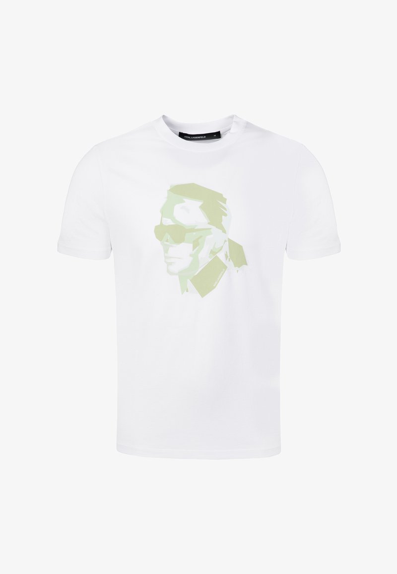 Weißes T-Shirt mit kurzen Ärmeln und einer minimalistischen grünen Grafik eines Männergesichts mit Sonnenbrille und Pferdeschwanz auf der Vorderseite.