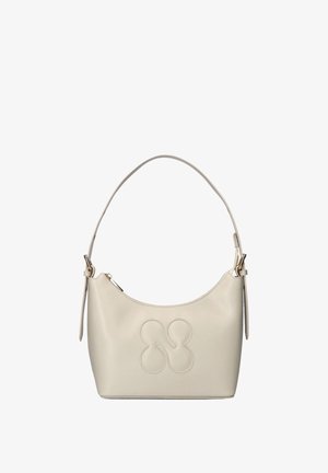 Beige leather shoulder bag with curved top, adjustable strap, zipper closure, and decorative stitched abstract pattern on front.