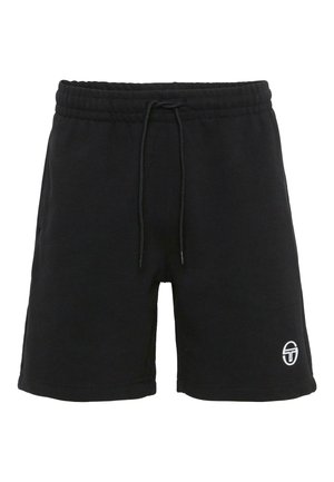 Schwarze lässige Shorts mit elastischem Bund und Kordelzug, versehen mit einem kleinen weißen runden Logo am unteren linken Bein.