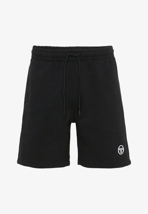 Schwarze lässige Shorts mit elastischem Bund und Kordelzug, versehen mit einem kleinen weißen runden Logo am unteren linken Bein.
