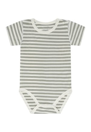 Body bébé à manches courtes avec rayures horizontales grises et blanches, et boutons-pression au bas et à l'épaule.