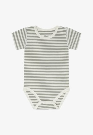 Kurzärmeliges Babybodysuit mit horizontalen grauen und weißen Streifen sowie Druckknöpfen am unteren Saum und an der Schulter.