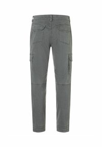 Cargo pants in gray fabric with a textured finish. Features two side pockets and two back pockets, with stitching details on the legs.