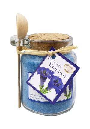 BADESALZ ENZIAN IM DEKORATIVEN GLAS MIT HOLZLÖFFEL 300 G - Schaumbad & Badezusätze