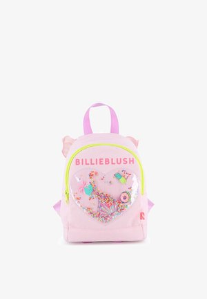 Roze kinder rugzak met paarse handgreep, gele rits, tekst "BILLIEBLUSH" en transparant hartvormig vak gevuld met kleurrijk confetti en kleine bedels.