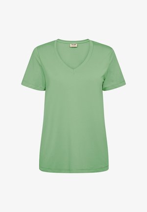 Lichtgroen T-shirt voor dames met korte mouwen en V-hals, eenvoudig ontwerp met gestikte zoom aan de mouwen en onderkant.