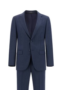 Costume bleu foncé en tissu texturé, présentant une fermeture à deux boutons, des revers crantés et deux poches avant, avec une coupe slim.