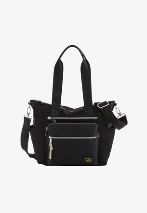 Sac à main noir en tissu durable, doté de deux zips supérieurs, d'une poche frontale et de bretelles confortables. Agrémenté de détails jaunes.