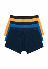 Drei gestapelte Baumwoll-Boxershorts in Orange, Blau und Marineblau, jeweils mit einem schwarzen Bund.